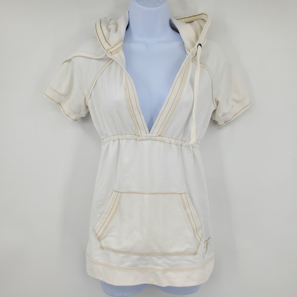 Abercrombie & Fitch Babydoll Mallcore‎ Short Sleeve V-Neck Hoodie L Y2K Mcbling